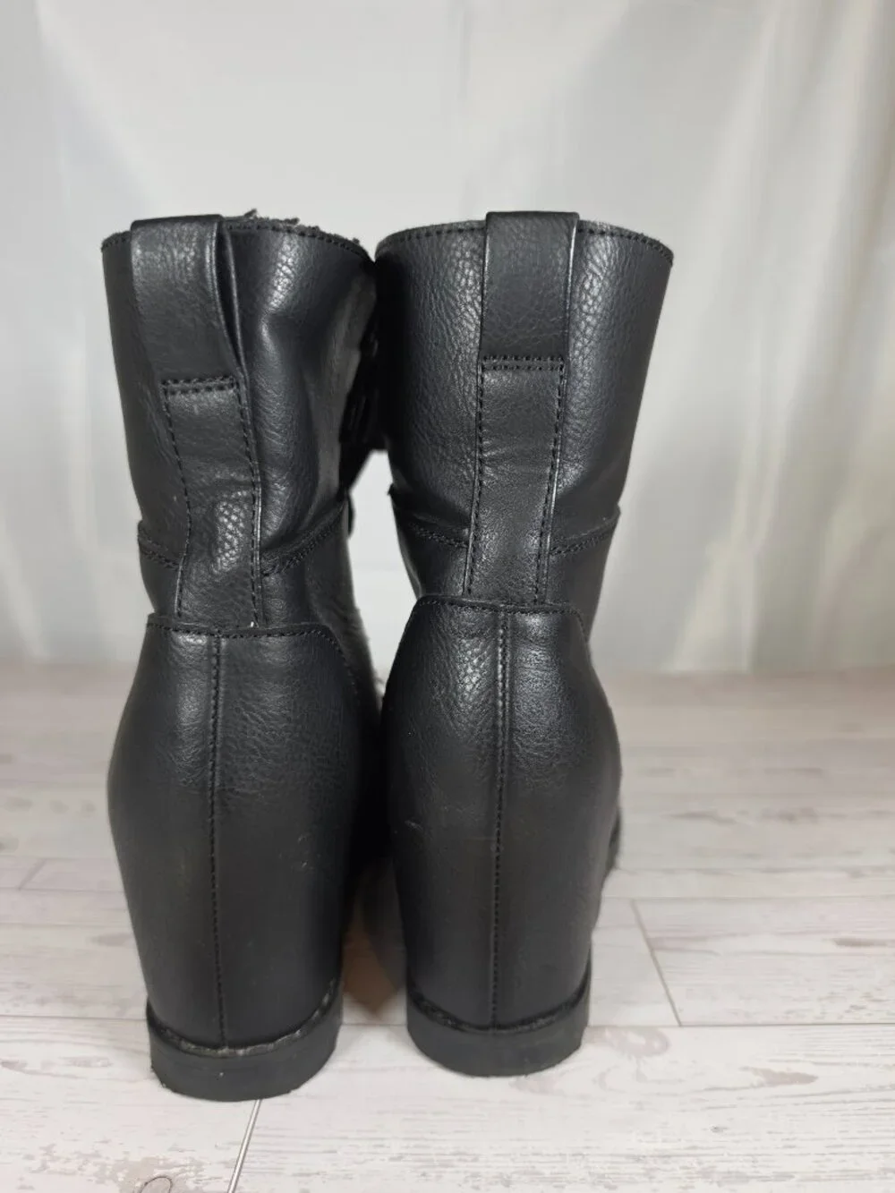 Universal Thread Black Ankle Boots Size 6.5 Lace Up Buckle Faux Leather Wedge